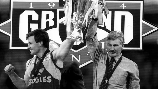 John Worsfold and Mick Malthouse lift the 1994 premiership cup.