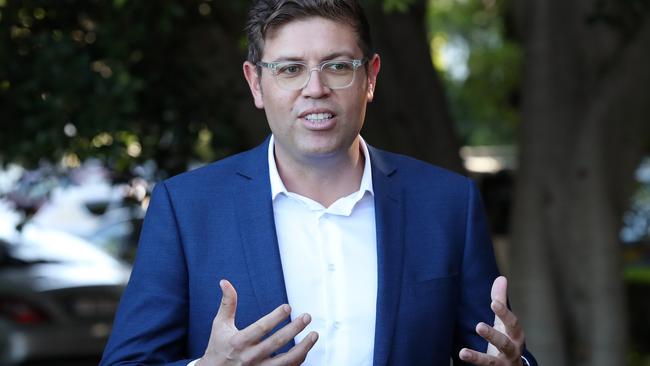 FEDERAL ELECTION TEAM 2022. LABOR BUS TOUR 8/5/2022. LaborÃs candidate Jerome Laxale during a press conference at Ryde Wharf Market, seat of Bennelong. Picture: Liam Kidston