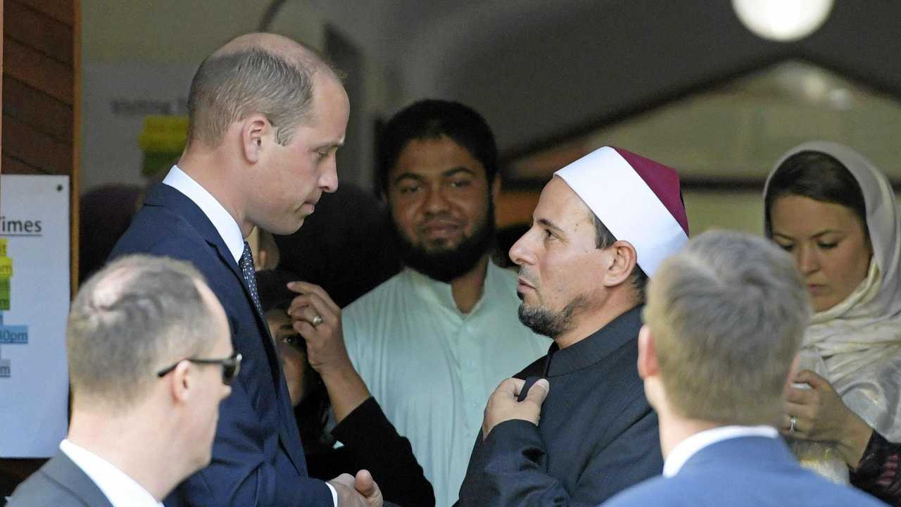 Britain's Prince William, Duke of Cambridge, speaks with Imam Gamal Fouda at the Masjid Al Noor mosque, in Christchurch, New Zealand, on Friday, April 26, 2019. Prince William met with survivors of the Christchurch mosque shootings. Picture: TRACEY NEARMY