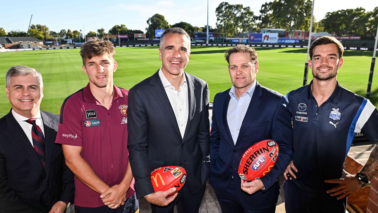 Norwood Payneham &amp; St Peters Mayor Robert Bria, Brisbane Lions utility Zac Bailey, Premier of South Australia Peter Malinauskas, AFL GM Football Operations, Josh Mahoney and North Melbourne co-captain Jy Simpkin at Norwood Oval. Picture: NCA NewsWire / Brenton Edwards