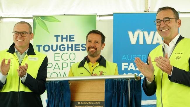 Premier Steven Marshall celebrated Kimberly Clark Australia's belated 60th birthday at the company's Millicent Mill with managing director Doug Cunningham and mill manager Adam Carpenter. Picture: Jessica Ball