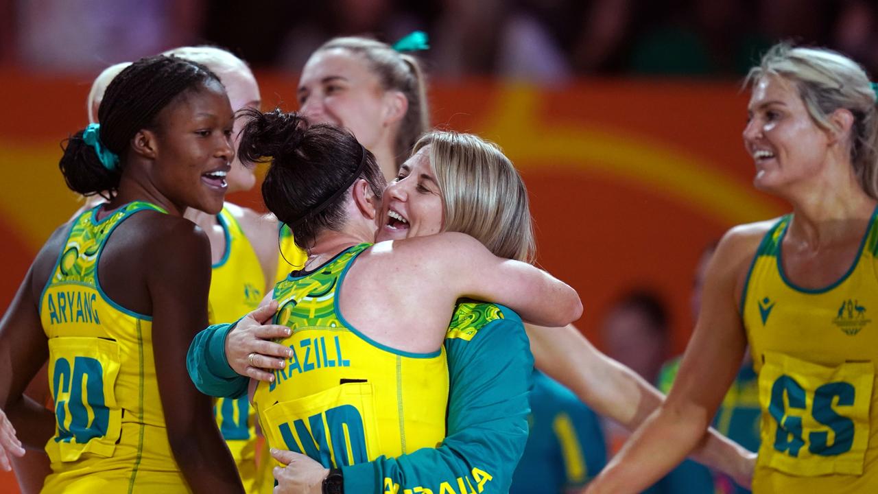 Australia coach Stacey Marinkovic celebrates with players at the 2022 Commonwealth Games in Birmingham. Picture: Jacob King/PA Images