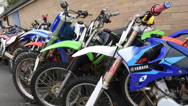 Seized trail bikes at Mt Druitt police station.