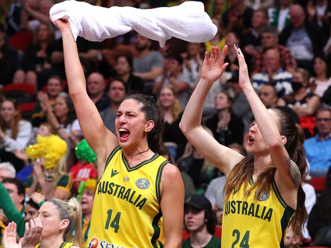 Marianna Tolo was dominant. She celebrates with young gun Anneli Maley on the bench. Picture: Getty Images