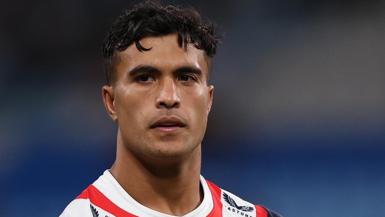 Joseph-Aukuso Suaalii of the Sydney Roosters warms up during the round five NRL match between the Sydney Roosters and the Parramatta Eels at Allianz Stadium on March 30, 2023 in Sydney, Australia. (Photo by Mark Kolbe/Getty Images)