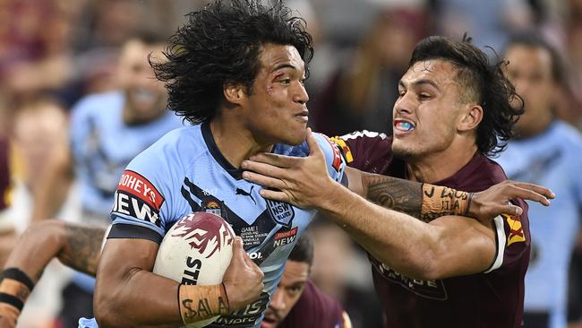 Brian To'o on the charge for the Blues. Picture: Ian Hitchcock/Getty Images