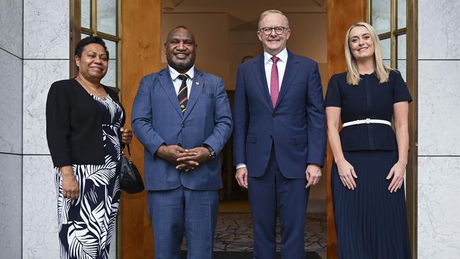 Anthony Albanese and partner Jodie Haydon with PNG Prime Minister Marape and Madam Rachel Marape at Parliament House in Canberra. Picture: NCA NewsWire / Martin Ollman