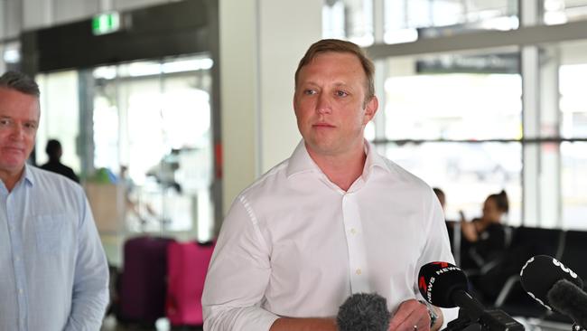 Queensland Deputy Premier Steven Miles addresses the media at the Cairns Domestic Terminal on Thursday. Picture: Emily Barker.