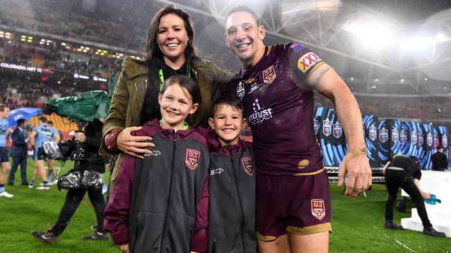 Billy Slater with his family at Suncorp Stadium after his brilliant farewell. Picture: AAP