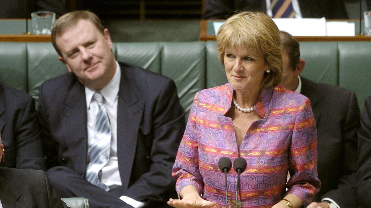 Then treasurer Peter Costello listens as Bishop answers her first question as education minister in 2005. Picture: AAP