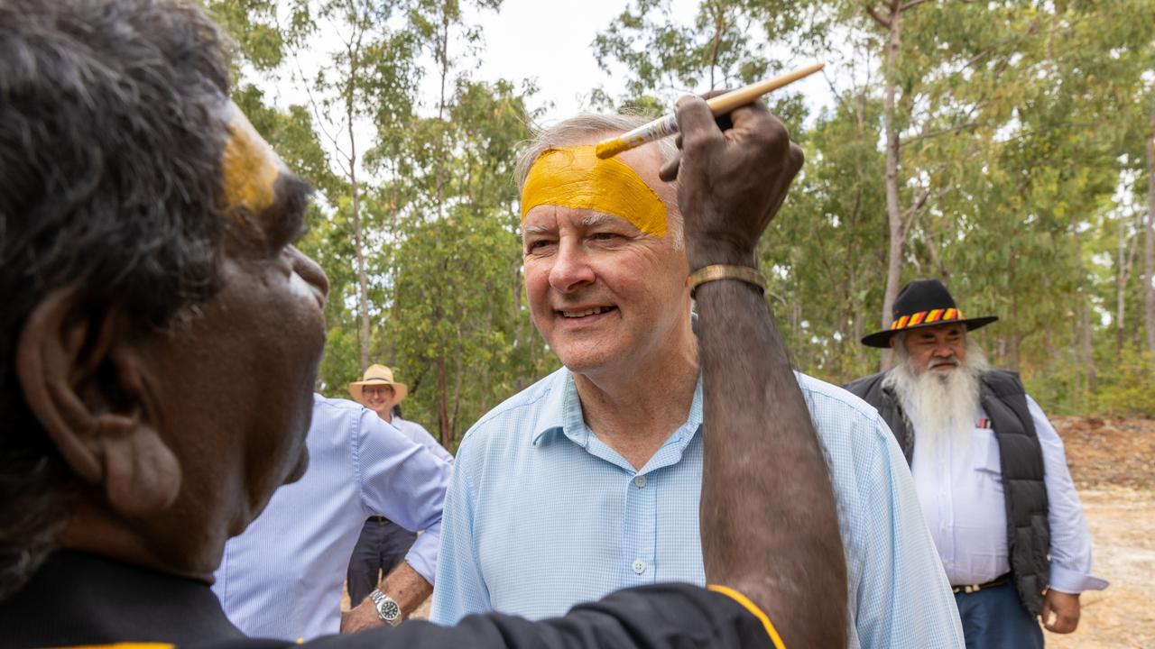 Prime Minister Anthony Albanese has his face painted during the Garma Festival in East Arnhem. Picture: Tamati Smith/Getty Images