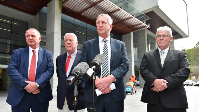 (L-R) Joe, John, Dennis and Neill Wagner speak to the media outside the Supreme Court in Brisbane, Wednesday, September 12, 2018. Alan Jones and his team have been ordered to pay a record $3.7 million in compensation for defaming a Queensland family by claiming they were responsible for 12 deaths in the 2011 Lockyer Valley floods. (AAP Image/Darren England) NO ARCHIVING