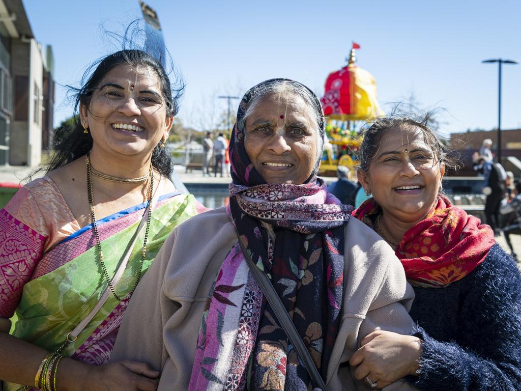 At Toowoomba's Festival of Chariots are (from left) Anandini Devi Dasi, Revati Devi Dasi and Radhapriya Devi Dasi, Saturday, July 20, 2024. Picture: Kevin Farmer