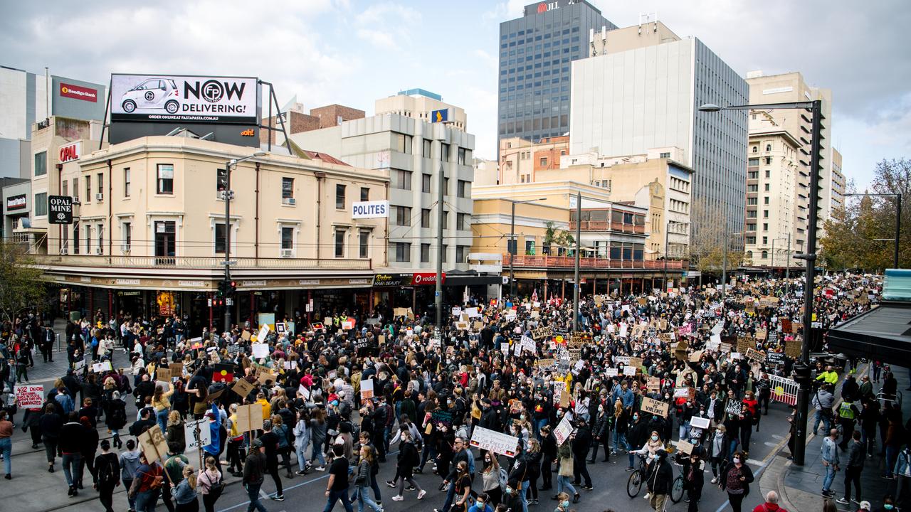 Protesters rally in Adelaide in solidarity with the US protests for George Floyd. Picture: AAP/Morgan Sette