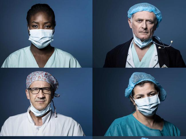 TOPSHOT - This combination of images shows portaits of  emergency room medical personnel  (TOP L/BOTTOM R): 23 year-old Maguette: caregiver, 56 year-old Philippe Juvin: Chief doctor of the Emergency room, 28 year-old Cecile: nurse, 57 year-old Rafik: doctor, 48 year-old Naima: nurse, 52 year-old Bouna: custodian, 29 year-old Elisa: medical intern, 25 year-old Antonin: doctor and 45 year-old Karima: caregiver,  of The Georges Pompidou Hospital, Paris, posing in Paris on April 3, 2020, on the eighteenth day of a lockdown in France to attempt to halt the spread of the novel coronavirus COVID-19. (Photo by JOEL SAGET / AFP)