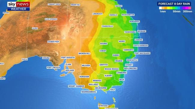 The east coast is looking at 10 days of rain this week. Picture: Sky News Weather.