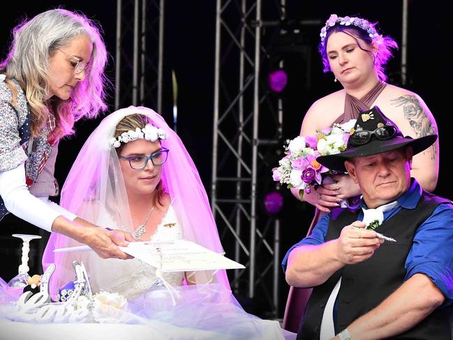 Simone Ward and Geoffrey Borninkhof, were married on The Hill Stage at Gympie Music Muster. Picture: Patrick Woods.