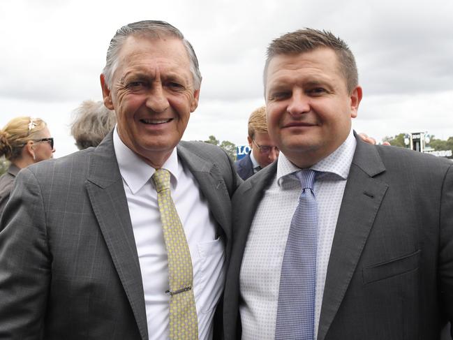 Trainers Peter and Paul Snowden are seen in the mounting yard after Cosmic Force wins race 4, the Bowermans Office Furniture Pago Pago Stakes during Ladies Day at Rosehill Gardens Racecourse in Sydney, Saturday, March 16, 2019. (AAP Image/Simon Bullard) NO ARCHIVING, EDITORIAL USE ONLY