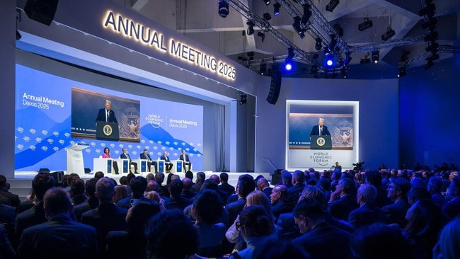 Donald Trump addresses the World Economic Forum by video. Picture: AFP