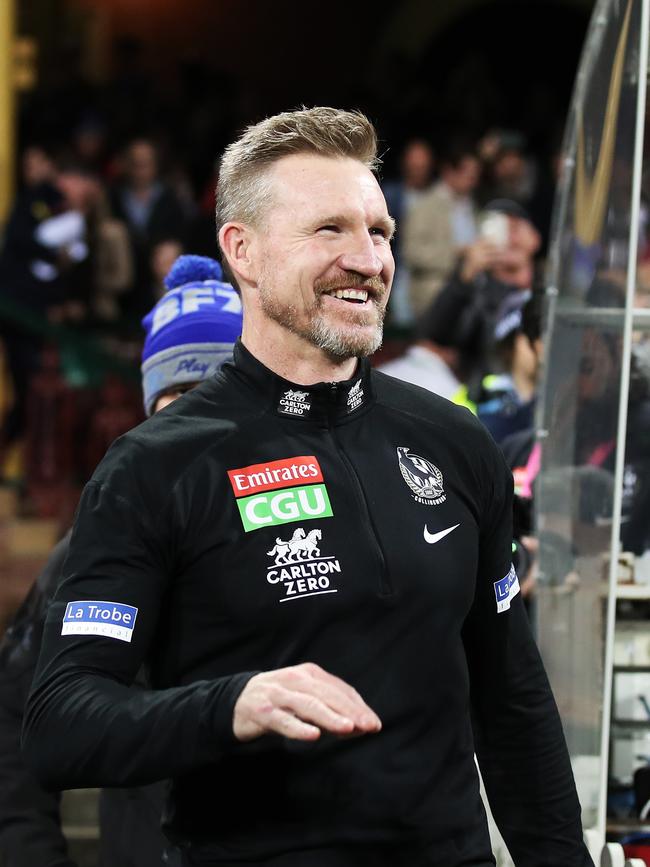 Buckley celebrating a Pies victory after coaching his final match for the team at the SCG in June, 2021. Picture: Getty Images