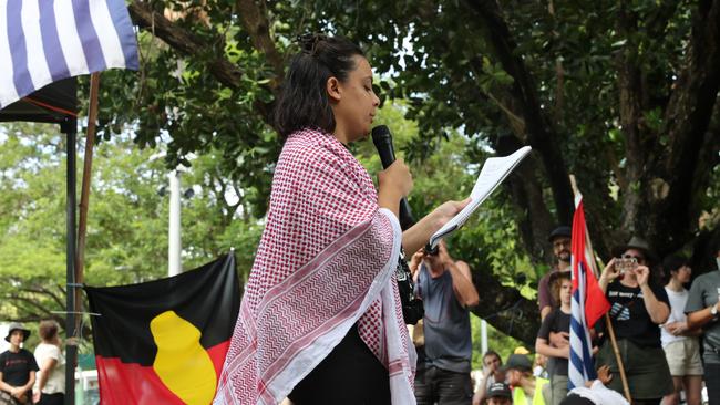 Uprising of the People chief executive Mililma May spoke at the Top End Invasion Day protest before marching from Civic Park through Darwin on Friday, January 26. Picture: Zizi Averill