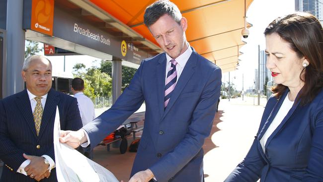 Gold Coast Mayor Tom Tate, Transport Minister Mark Bailey and QLD Premier Annastacia Palaszczuk are excited about the project’s next step. Picture: Tertius Pickard
