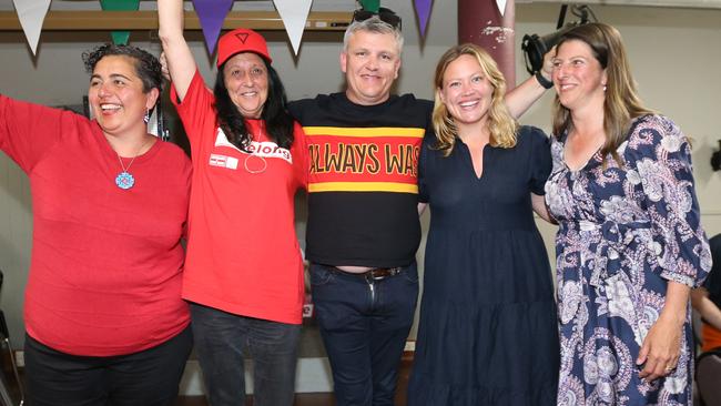 Polwarth Labor candidate Hutch Hussein, Christine Couzens for Geelong, Darren Cheeseman for South Barwon, Ella George for Lara and Alison Marchant for Bellarine celebrate the party’s win in the state election. Picture: Mark Wilson