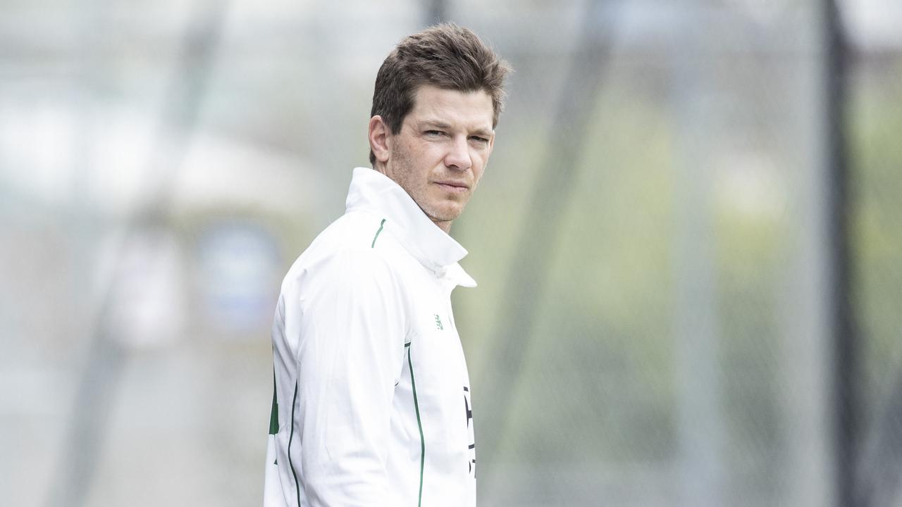 Photograph shows Tim Paine with Tas 2 teammates at Lindisfarne whilst waiting to bat. Picture Eddie Safarik