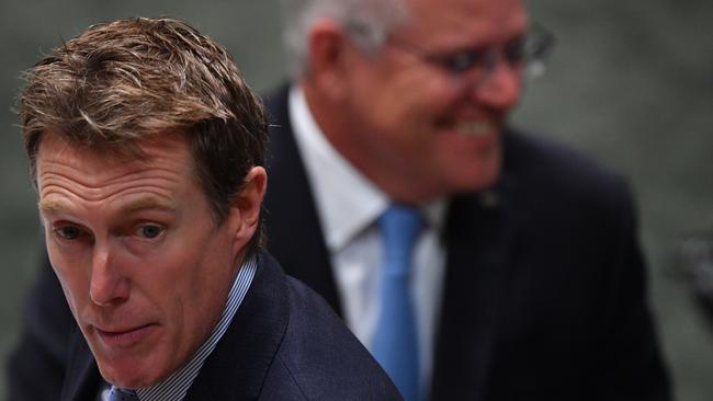 Christian Porter and Scott Morrison during Question Time in the House of Representatives at Parliament House. Picture: Getty