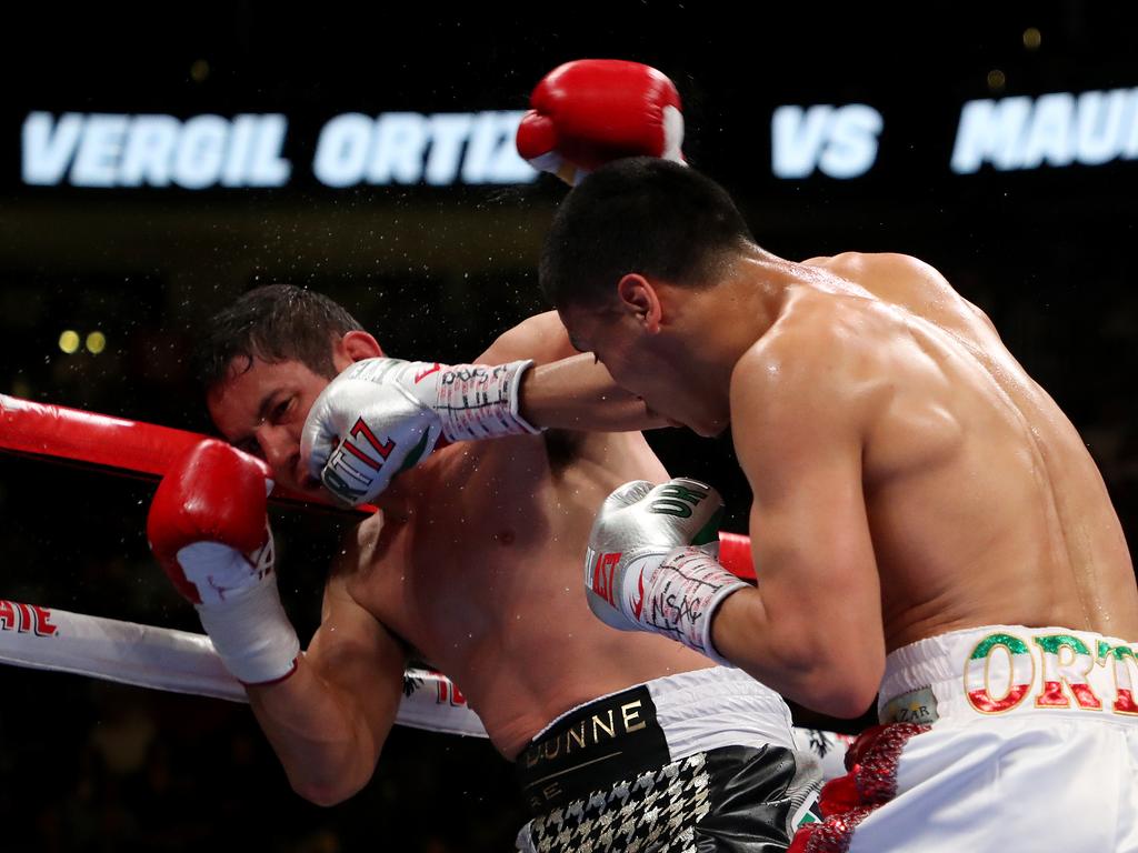 LAS VEGAS, NEVADA - MAY 04: Vergil Ortiz Jr. (R) punches Mauricio Herrera during their welterweight fight at T-Mobile Arena on May 04, 2019 in Las Vegas, Nevada. (Photo by Al Bello/Getty Images)