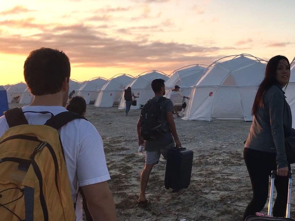 Fyre Festival attendees arrive at their tents on the Bahamian island of Great Exuma. Picture: Netflix