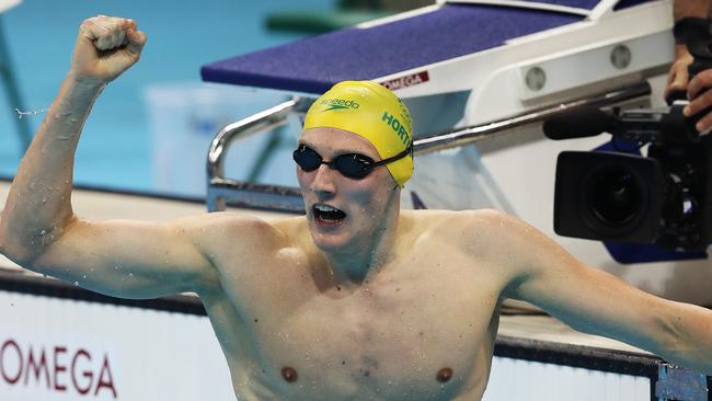 Australia's Mack Horton celebrates winning the 400m freestyle. Picture: Phil Hillyard