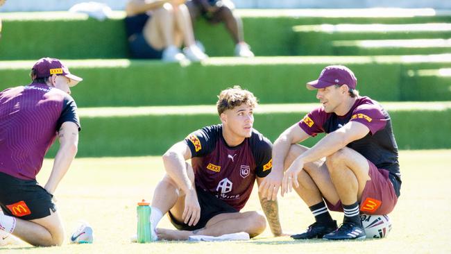 Queensland Maroons Reece Walsh and Billy Slater at team training. Picture: Richard Walker