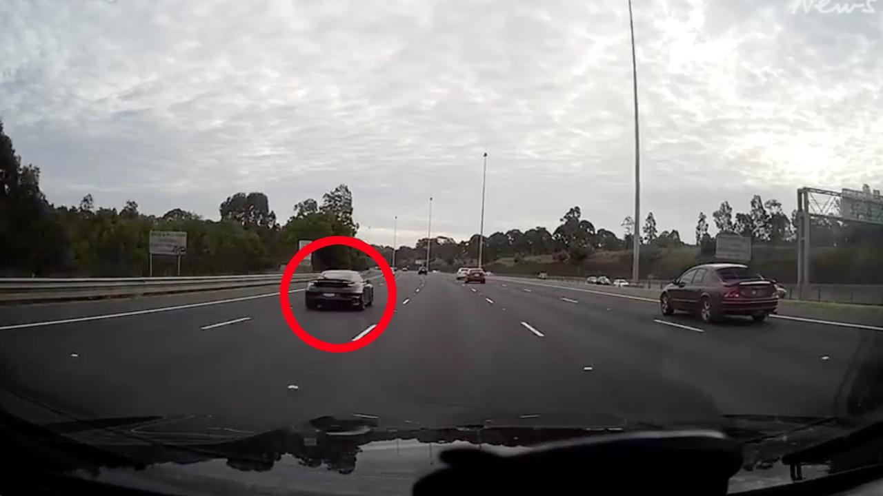 Dashcam video shows the Porsche at the centre of the crash that killed four police officers allegedly travelling at startling speed along the Eastern Freeway on March 21. Picture: James Tsagros