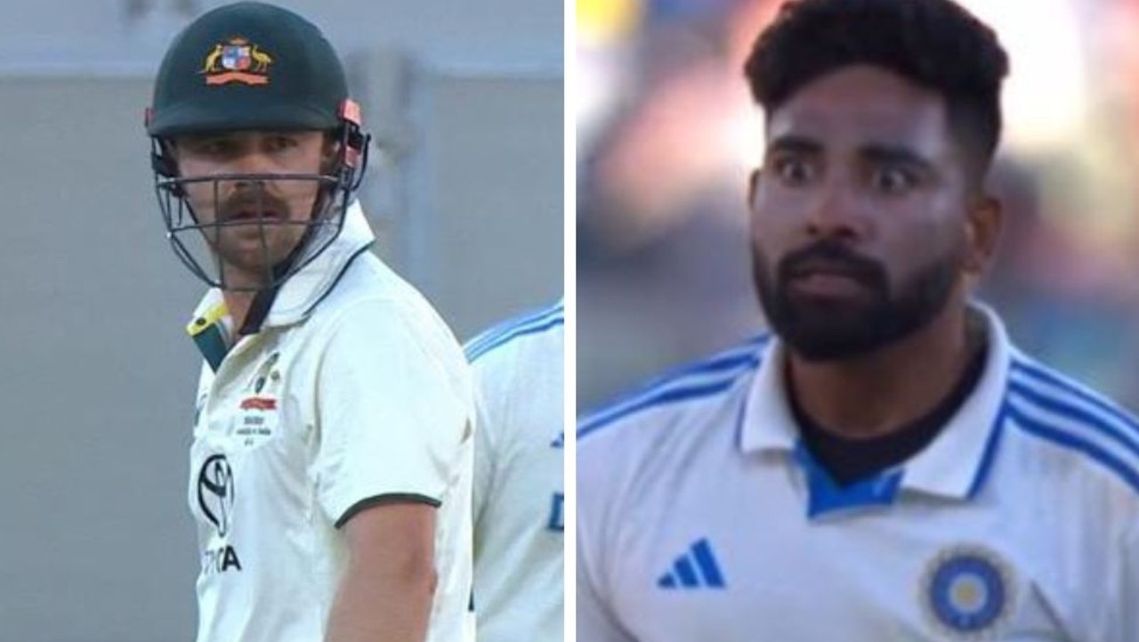 Mohammed Siraj glares at the Aussie batter. Photos: Fox Sports