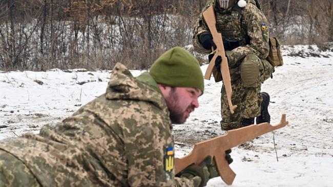 Ukrainian Territorial Defense Forces, the military reserve of the Ukrainian Armes Forces, take part in a military exercise near Kiev. Picture: AFP.