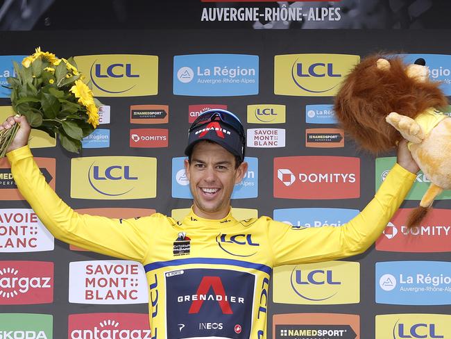 LES GETS, FRANCE - JUNE 06: Richie Porte of Australia and Team INEOS Grenadiers Yellow Leader Jersey celebrates at podium during the 73rd CritÃÂ©rium du DauphinÃÂ© 2021, Stage 8 a 147km stage from La LÃÂ©chÃÂ¨re-Les-Bains to Les Gets 1160m / Lion Mascot / #UCIworldtour / #DauphinÃÂ© / @dauphine / on June 06, 2021 in Les Gets, France. (Photo by Bas Czerwinski/Getty Images)