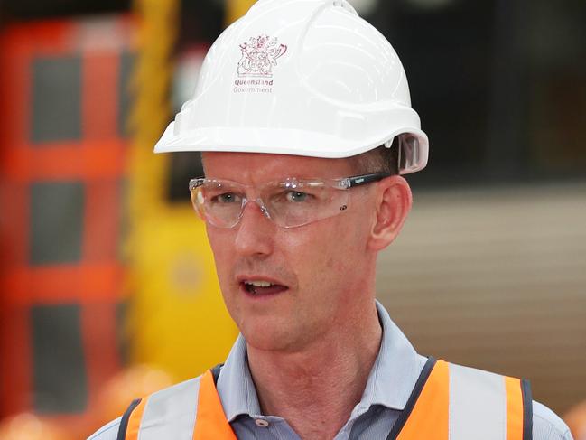 Minister for Transport Mark Bailey talks to media at the Downer Rail Manufacturing facility at Maryborough on Monday. Picture Lachie Millard