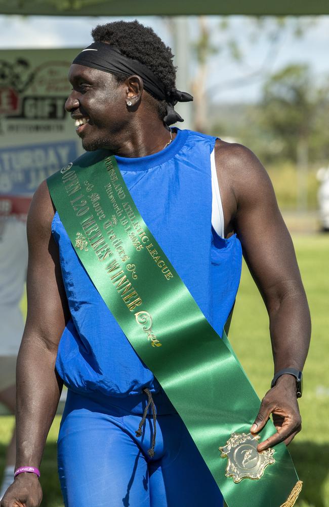 Anas Abu Ganaba, Open 120 metres winner. The Arthur Postle Gift at Pittsworth. Saturday 18th January, 2025. Picture: Nev Madsen.