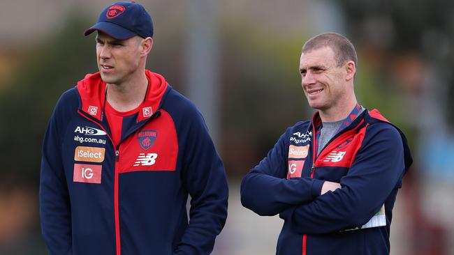 Melbourne training at Gosch's Paddock. Melbourne coach Simon Goodwin and assistant Matthew Egan  . Pic: Michael Klein