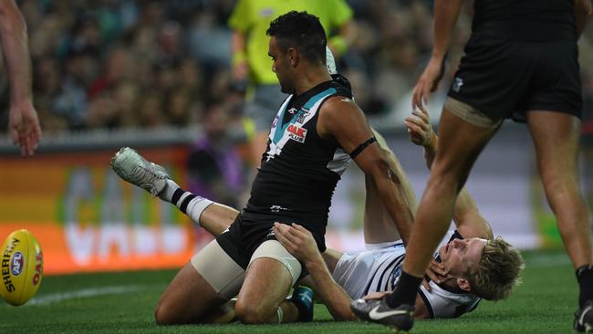 Lindsay Thomas bumps Scott Selwood.