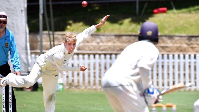 Brisbane Boys College bowler Sam Bell - he was probably the man of the match given his batting and bowling deeds. Picture, John Gass