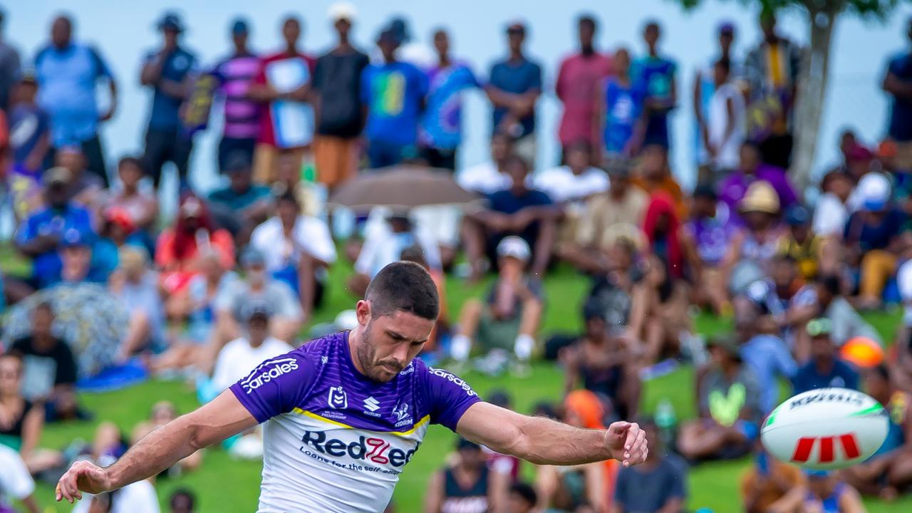 LAUTOKA, FIJI - FEBRUARY 24: Nick Meaney of the Melbourne Storm kicks a conversation during the NRL Pre-season challenge match between Melbourne Storm and Newcastle Knights at Churchill Park on February 24, 2024 in Lautoka, Fiji. (Photo by Pita Simpson/Getty Images)