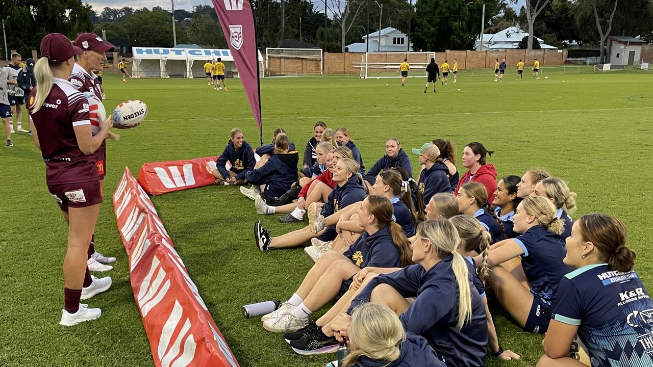 State of Origin and Western Clydesdales players Ali Brigginshaw and Shenae Ciesiolka surprise Clydesdales junior girls players with news they will attend game one in the Women's State of Origin series.