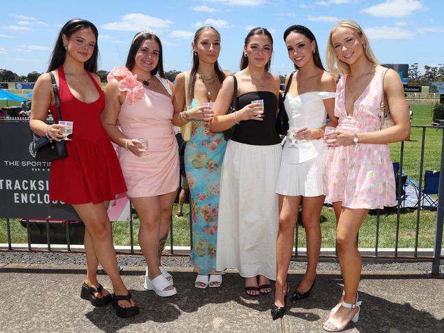 MELBOURNE, AUSTRALIA – DECEMBER 8 2024 Carla Harrison, Emily Kalos, Ella Wright, Lily Jayne, Angel Noone and Mikaela Haig attend the Werribee Cup in Werribee on December 8th, 2024. Picture: Brendan Beckett