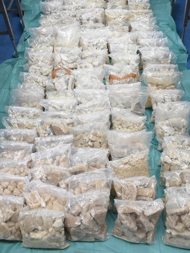 Bags of crystalline MDMA that were part of a 700kg drug seizure in Rotterdam, Netherlands last week, allegedly bound for Australia. Picture: AFP