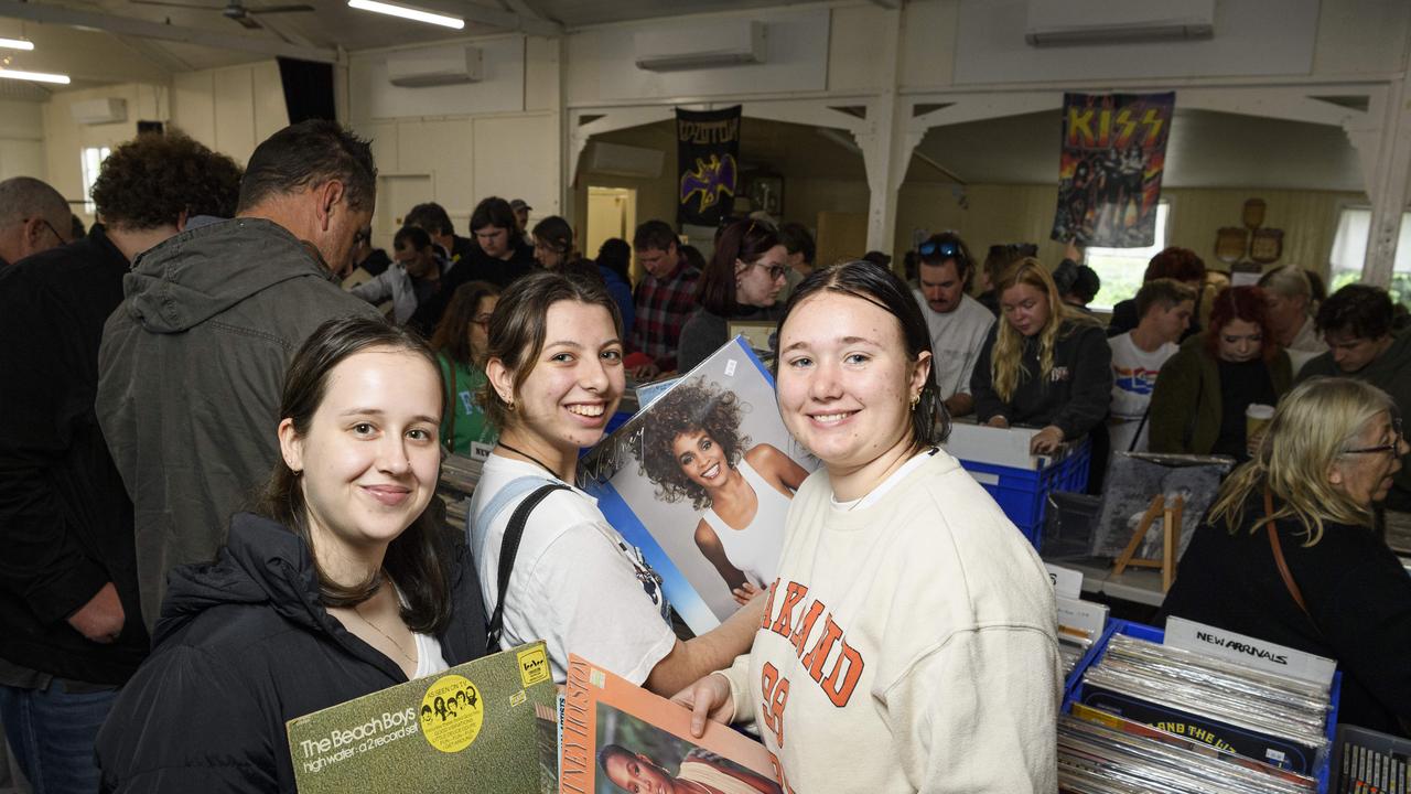 At the Toowoomba and Darling Downs Record Fair are (from left) Brianna Smith, Meleena Potter and Keziah Jones at the Drayton Memorial Hall, Saturday, May 31, 2025. Picture: Kevin Farmer