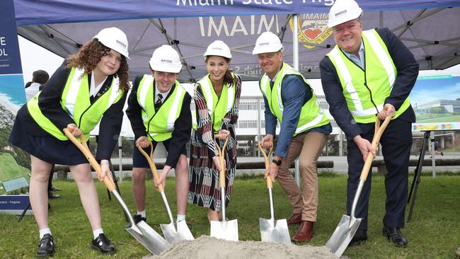 School Captains Tyrone Fitzgerald, 17, and Isabella Hope, 18, with Environment Minister Meaghan Scanlon, Miami State High School Acting Principal Jason Cross and School Council Chairman John Campbell at the sod turning for new $11m Sports Excellence Centre. Picture: Glenn Hampson.