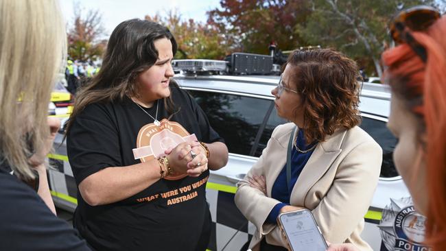 Sarah Williams with Minister for Social Services of Australia, Amanda Rishworth, at the Canberra rally in April. Picture: NCA NewsWire / Martin Ollman