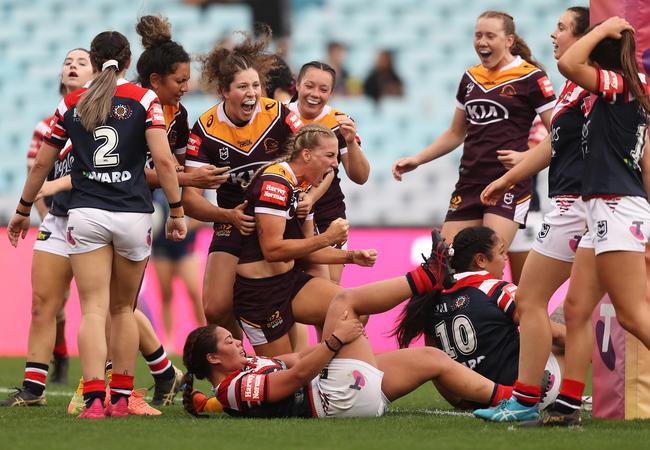 Broncos’ Ali Brigginshaw celebrates a try. Picture: Brett Costello